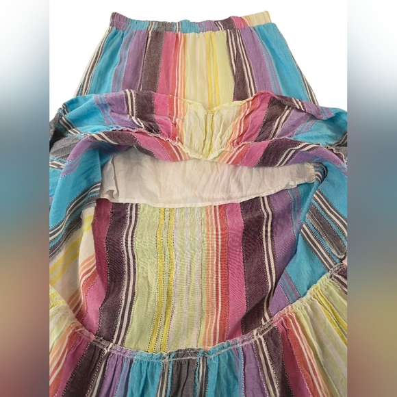 Blue Rain Striped Boho Ruffled Hi-Lo Hem Midi Skirt Rainbow Cotton Small - Picture 4 of 9